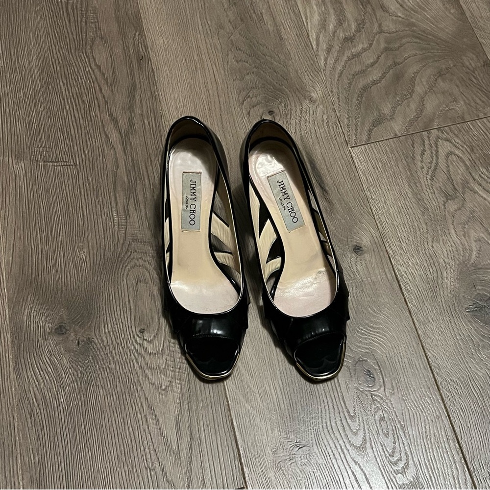 Jimmy Choo black patent leather peep toe heels - Picture 7 of 8